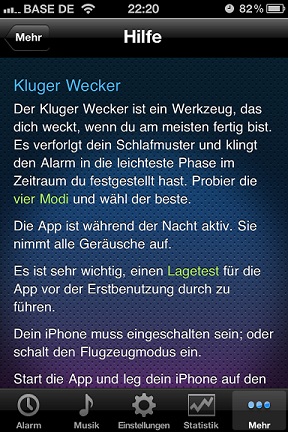 Hilfeseite von Smart Alarm (IPhone App)